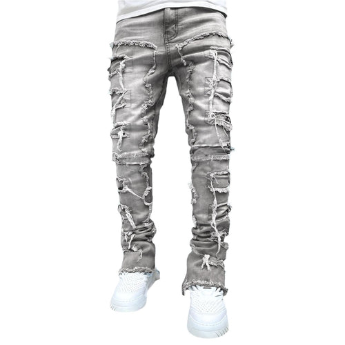 Men Trousers Individual Patched Pants Long Tight Fit Stacked Jeans For