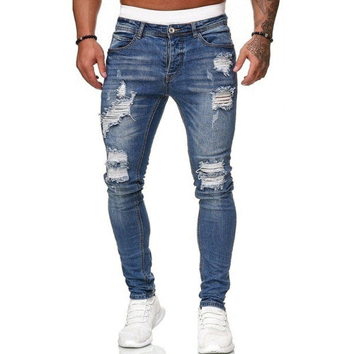 Fashion Street Style Ripped Skinny Jeans Men Vintage Wash Solid Denim