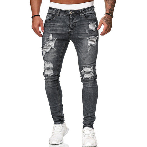 Fashion Street Style Ripped Skinny Jeans Men Vintage Wash Solid Denim