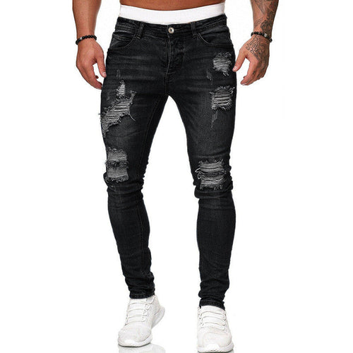 Fashion Street Style Ripped Skinny Jeans Men Vintage Wash Solid Denim