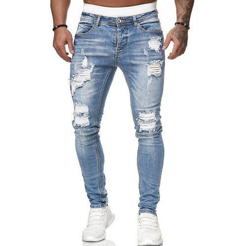 Fashion Street Style Ripped Skinny Jeans Men Vintage Wash Solid Denim