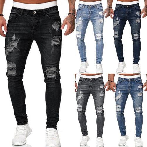 Fashion Street Style Ripped Skinny Jeans Men Vintage Wash Solid Denim
