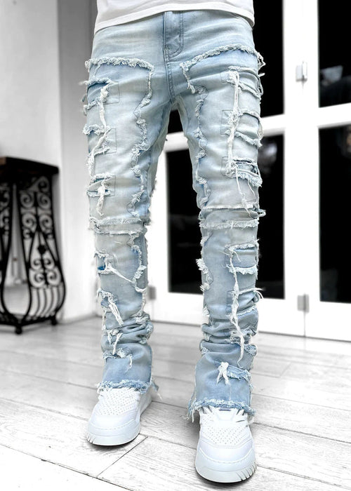 Men Trousers Individual Patched Pants Long Tight Fit Stacked Jeans For