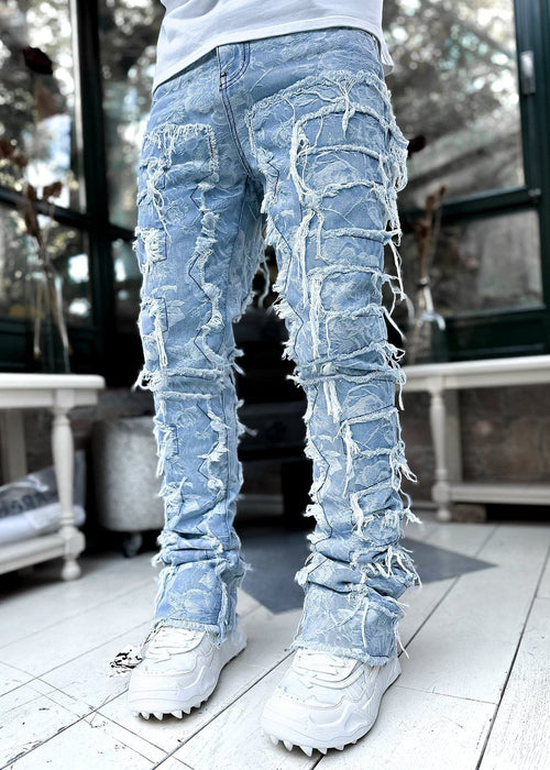 Men Trousers Individual Patched Pants Long Tight Fit Stacked Jeans For