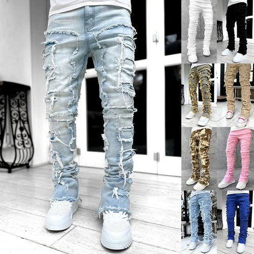 Men Trousers Individual Patched Pants Long Tight Fit Stacked Jeans For