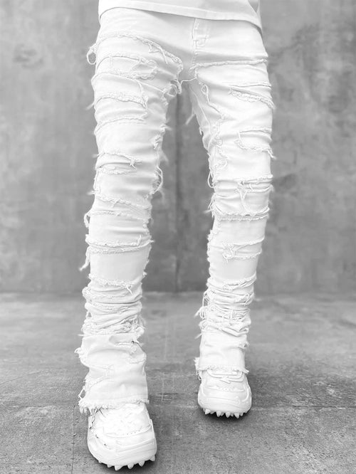 Men Trousers Individual Patched Pants Long Tight Fit Stacked Jeans For