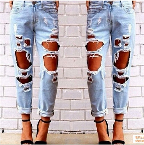 Ripped Jeans Denim Joggers Knee Holes Slim Fit Jeans For Women Blue